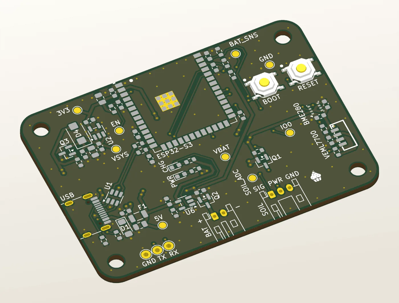Angled KiCad 3D view of the bare PCB 1 board showing the routed copper, the module's exposed ground pad with its stitching vias, twelve gold test points and four M3 mounting holes