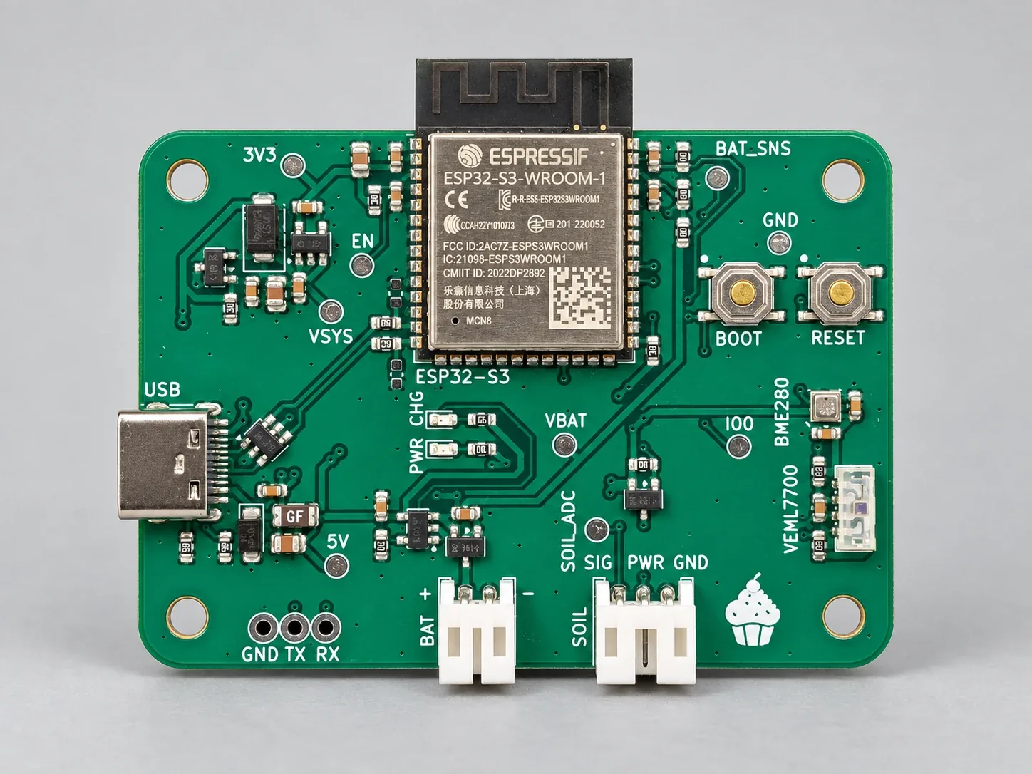 The assembled ESP32-S3 Plant Monitor board: ESP32-S3-WROOM-1 module at the top, USB-C on the left, BOOT and RESET buttons, BME280 and VEML7700 sensors on the right, and battery and soil-probe connectors along the bottom edge